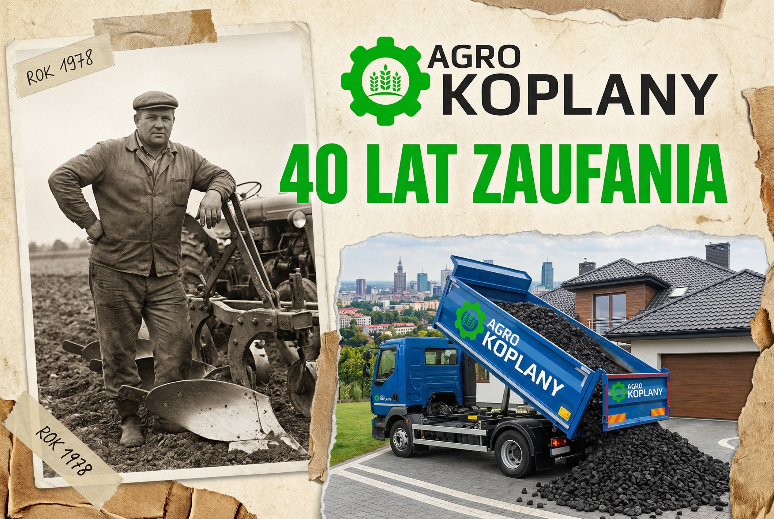 Jubileuszowy baner Agro Koplany - 48 lat doświadczenia w dostarczaniu węgla na opał na Podlasiu, widoczna ciężarówka z dostawą.
