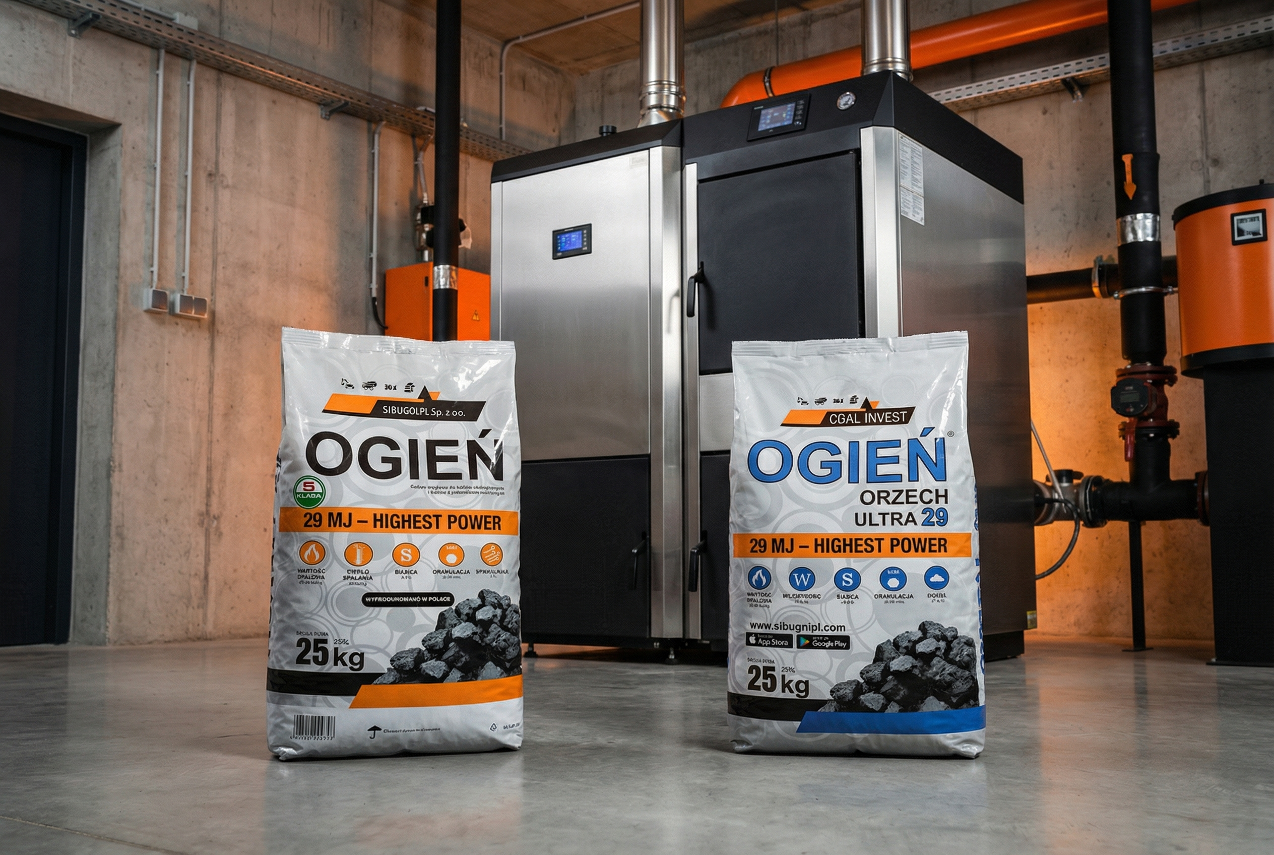 Dwa 25-kilogramowe worki węgla marki OGIEŃ stojące na betonowej podłodze w nowoczesnej kotłowni. W tle widoczny jest zaawansowany technologicznie piec c.o. ze stali nierdzewnej z panelami sterowania. Lewy worek ma pomarańczowe oznaczenia, prawy (Orzech Ultra 29) niebieskie. Oba opakowania informują o wysokiej kaloryczności 29 MJ – Highest Power.