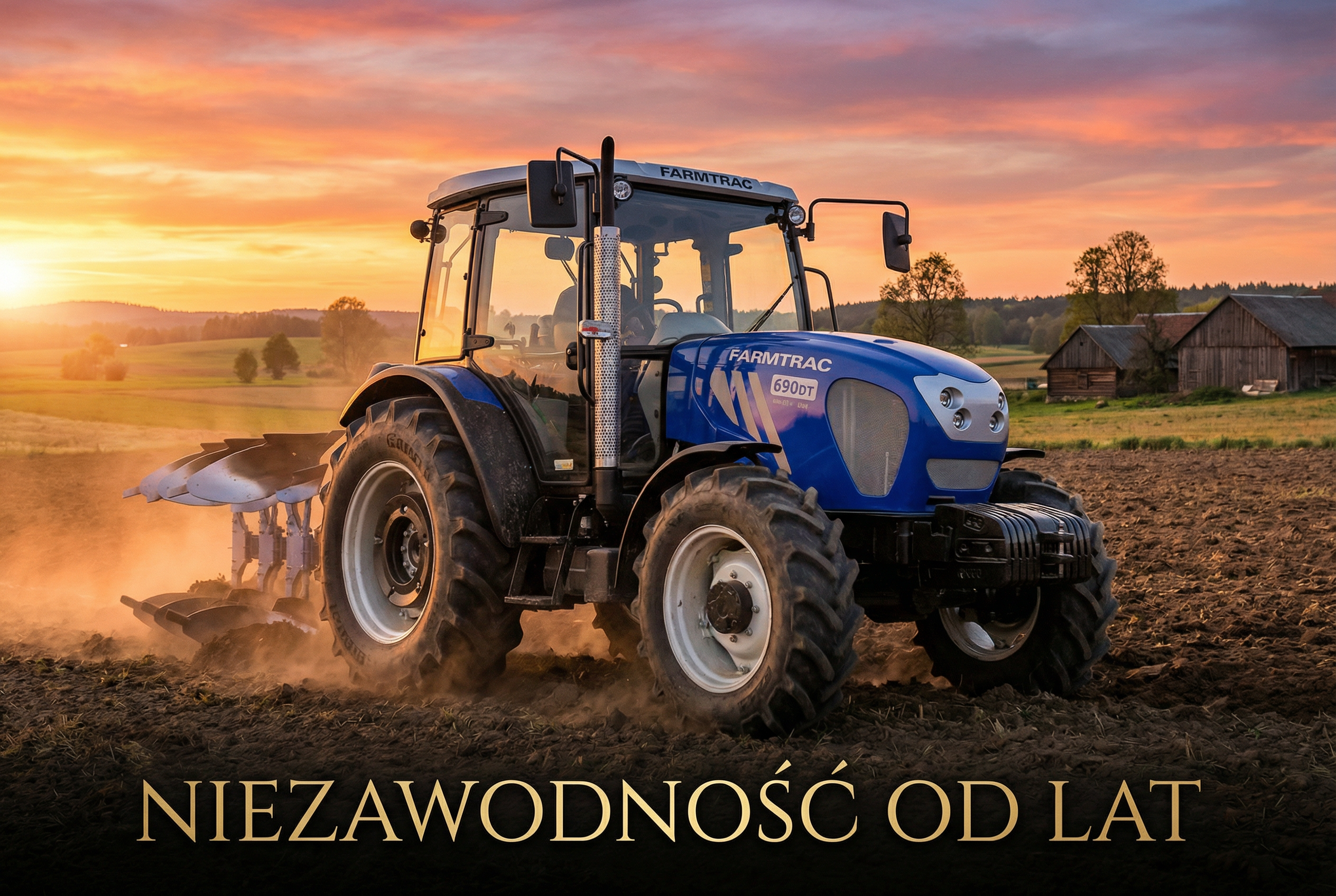 Niebieski ciągnik rolniczy Agro Koplany podczas prac polowych o zachodzie słońca – niezawodność od lat.