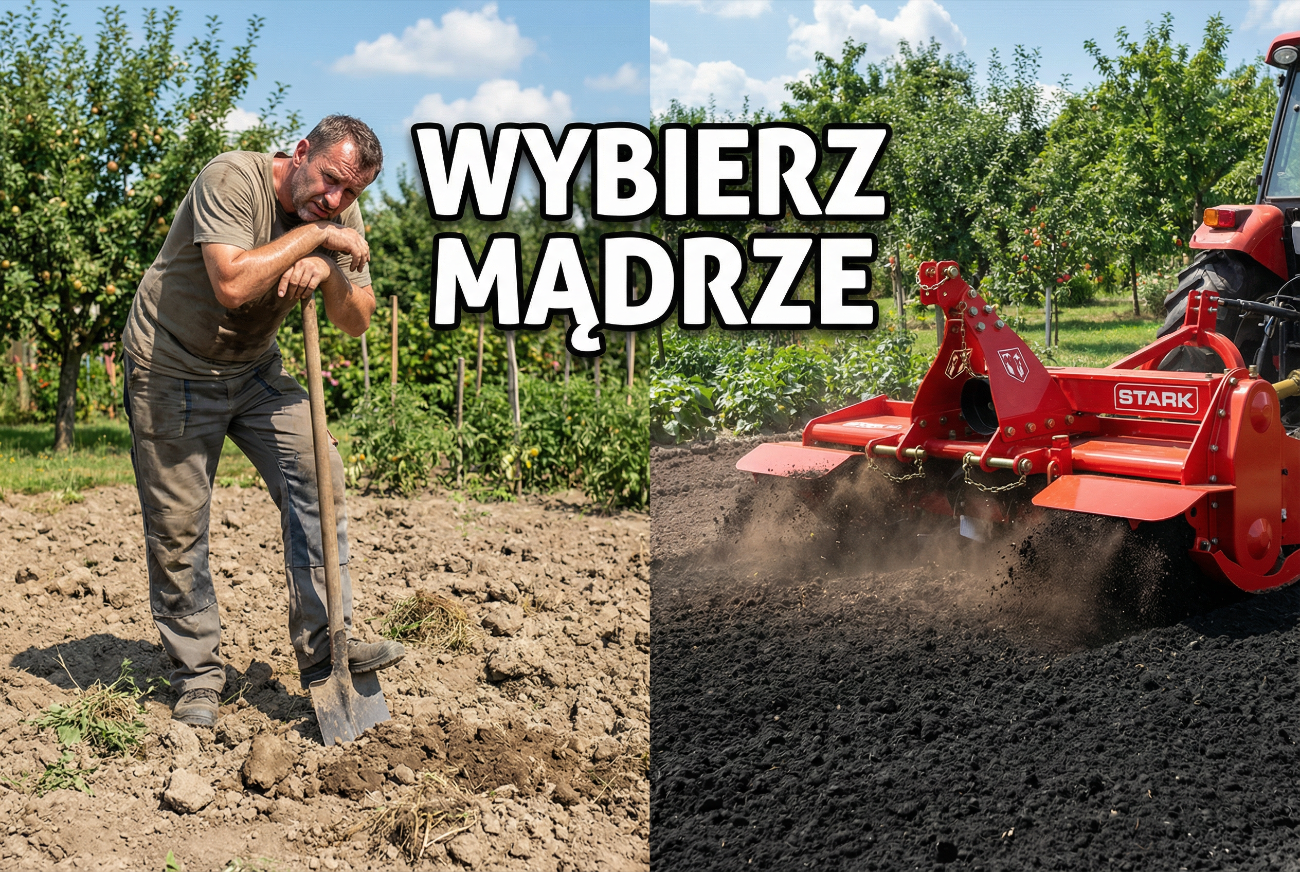 Porównanie ręcznego przekopywania ziemi łopatą z nowoczesną glebogryzarką mechaniczną Agro Koplany.