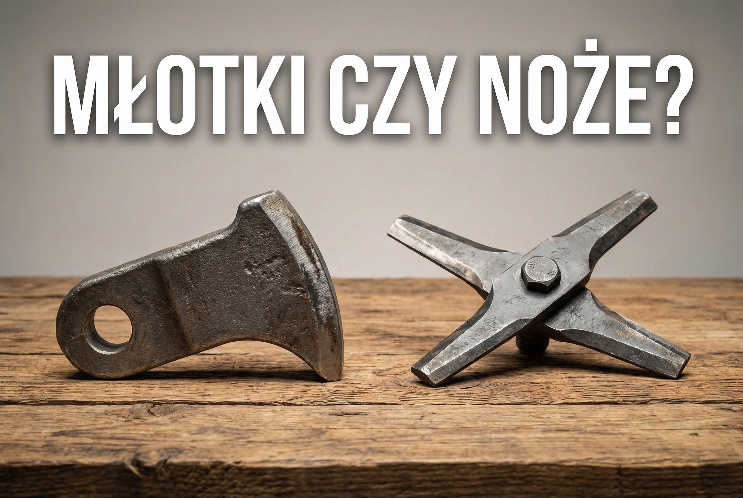 Porównanie narzędzi roboczych do kosiarki bijakowej: stalowy młotek bijakowy obok noża typu Y na drewnianym tle.