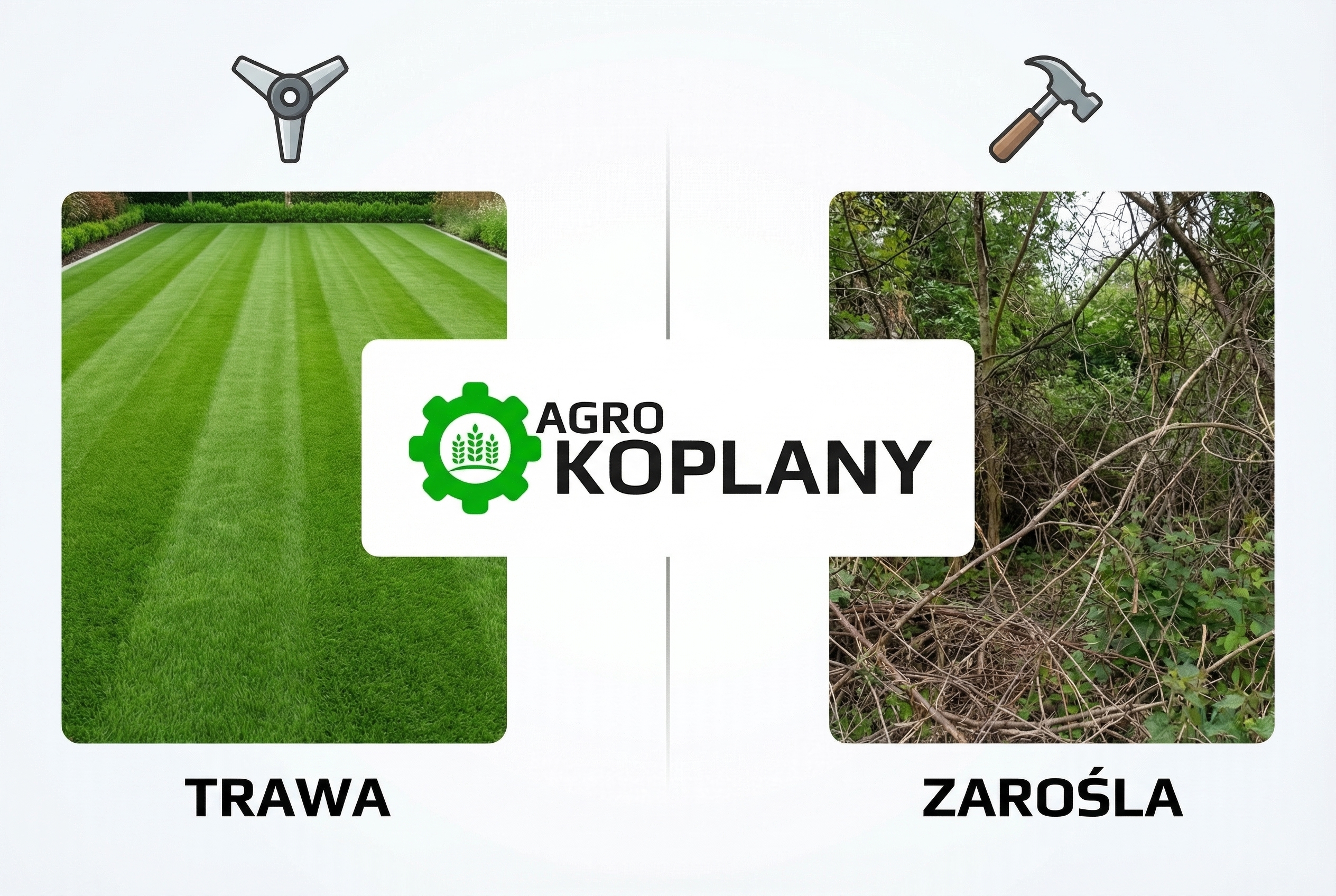 Porównanie efektów koszenia: równo przystrzyżony trawnik po nożach Y oraz gęste zarośla przed wykoszeniem kosiarką bijakową z młotkami.