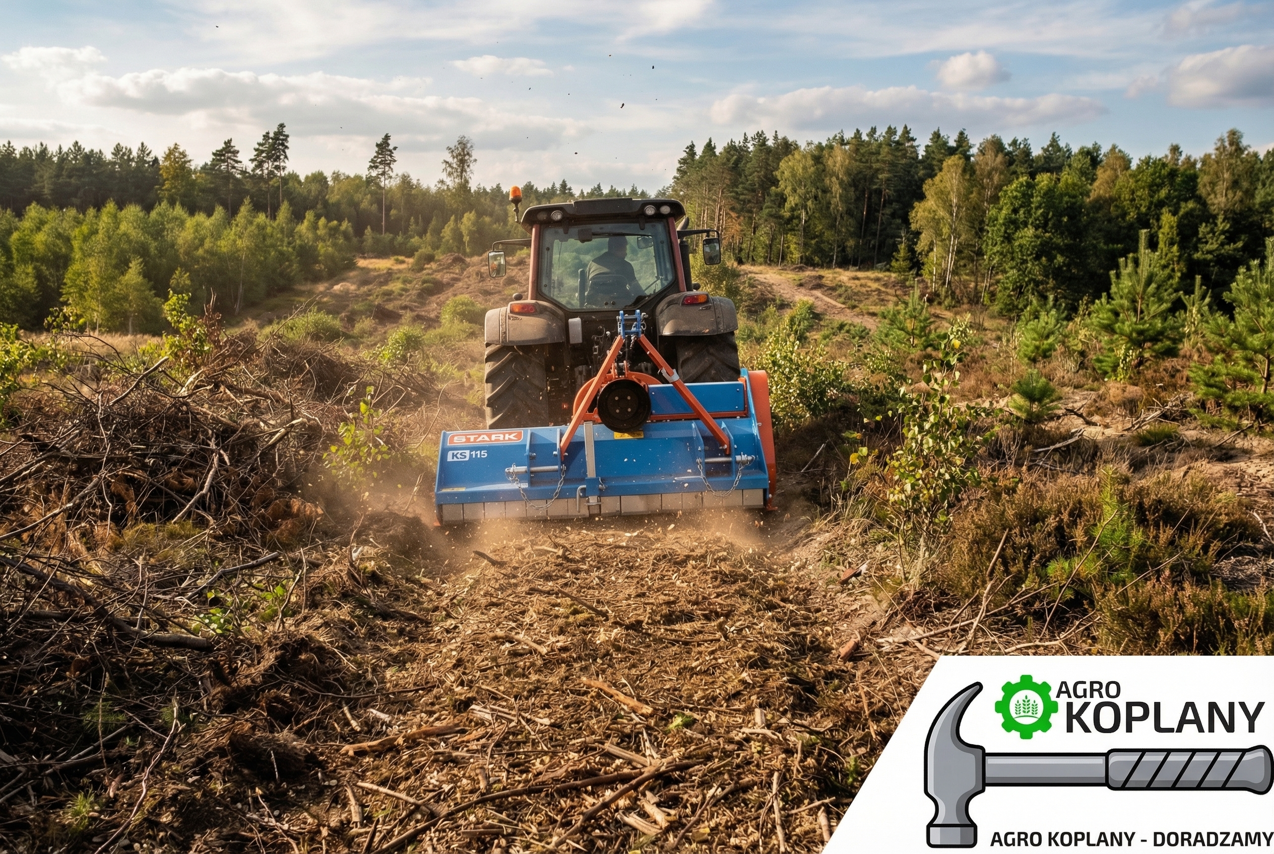 Ciągnik rolniczy z niebieską kosiarką bijakową marki Agro Koplany podczas rozdrabniania gałęzi i zarośli na terenie leśnym.